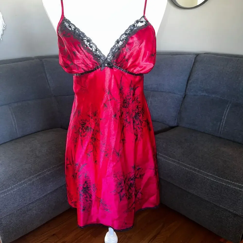 Y2k vintage satin red goth babydoll slip dress sz m